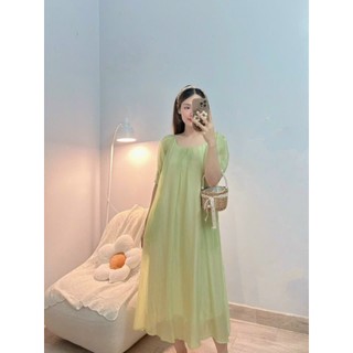 Đầm maxi cổ tròn phối tay lỡ