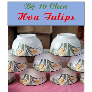 Bộ 10 chén ăn cơm gốm sứ cao cấp họa tiết hoa tulips