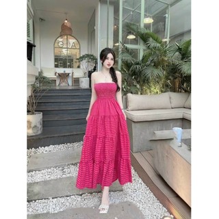Đầm maxxi xòe dài 4 tầng mocking thân trên chất xốp caro mặc Đi chơi, Đi biển, Du lịch mùa hè