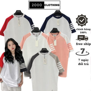 Áo Thun Thom Browne Nam Nữ Tay Ngắn Cổ Tròn Tay Phối 4 Sọc Kẻ, Áo Thom Unisex Chất Liệu Cotton 100% CamStore