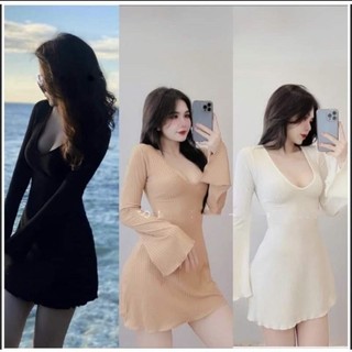 đầm cổ tim sexy tay loe hở ngực ngắn xòe bigszie 40-120kg tôn dáng sang chảnh hack dáng