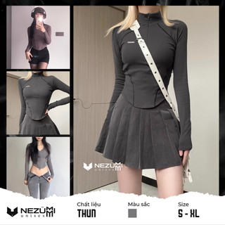 (Sẵn Xám đủ size) Áo thun croptop nữ dài tay ôm body cổ khóa (tặng tag cài ngực) Châu Âu sexy dance gym phượt dã ngoại