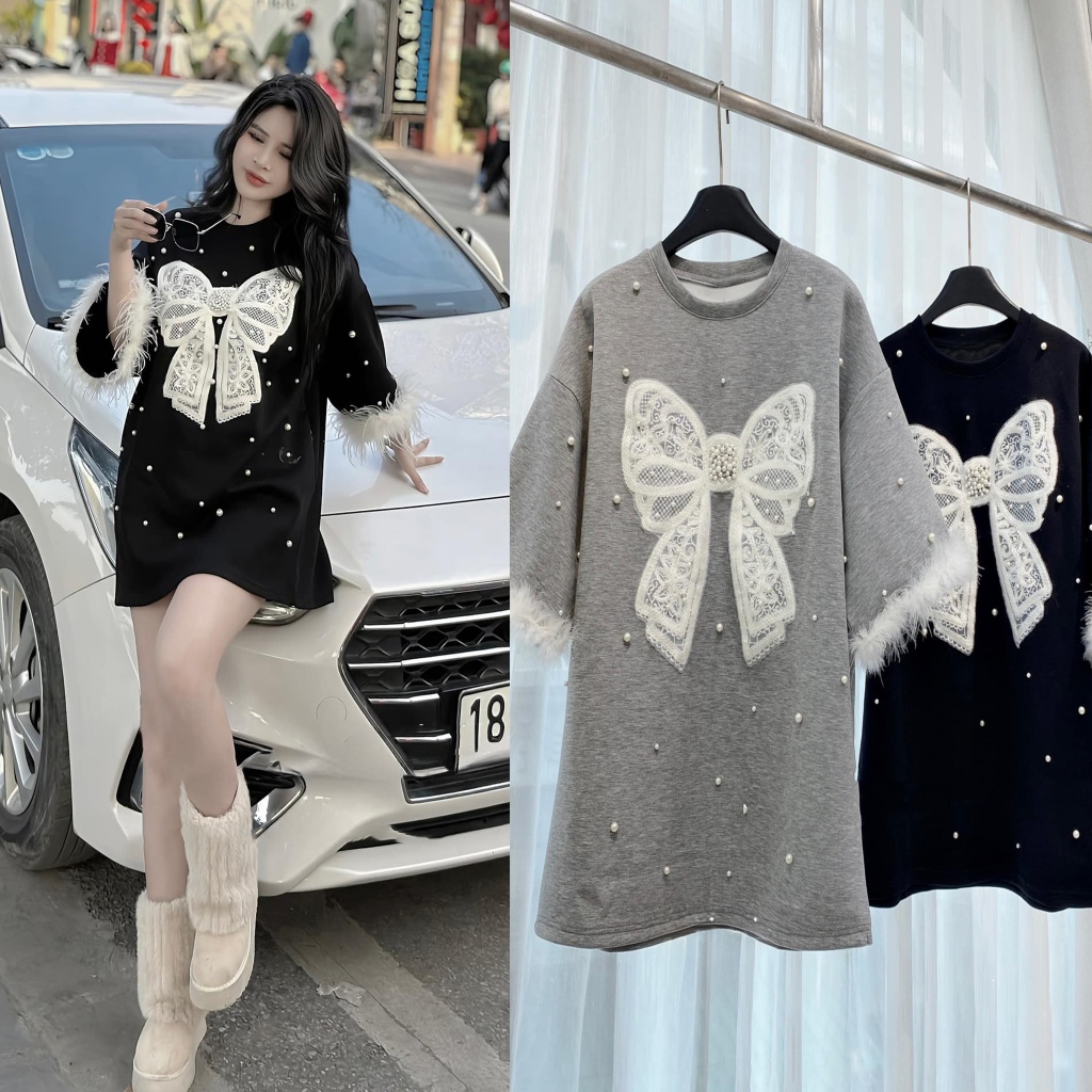 Áo thun nơ ngọc dáng thụng phối tau lông áo kiểu nữ xuân hè xinh xắn Loan Định Chuyên Sỉ Lẻ LD365