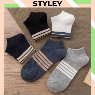 Combo 5 đôi tất nam nữ cổ ngắn chất cotton chống hôi chân, Vớ nam nữ kẻ sọc năng động và sang trọng Styley P018