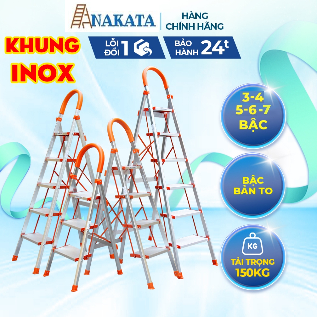 Thang nhôm ghế Inox chính hãng Nakata 3,4,5,6,7 bậc nakata VN-104B. VN-105B, VN-106B, VN-107B (bảo hành 2 năm) Nhật Bản