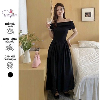 Đầm maxi dài trễ bẹt vai hàng quảng châu, váy xoè đi biển (SN043)
