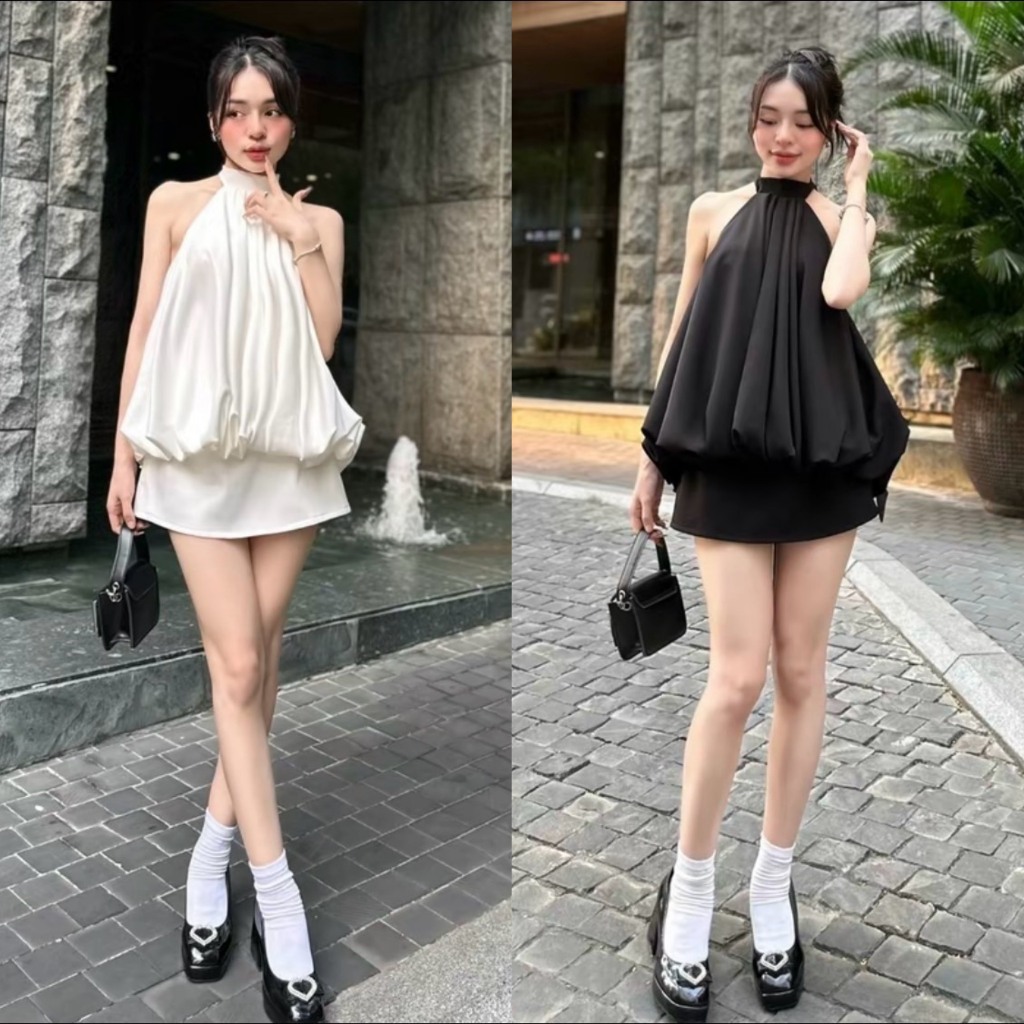 : Set Áo Yếm Phồng Quả Bí 2 Lớp Kaki Cột Dây Kèm Chân Váy Chữ A Có Lót Quần