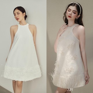 Martha ( Kem/ Trắng ) - Đầm Ren Phối Voan Đính Hoa Và Lông Vũ - XIPI
