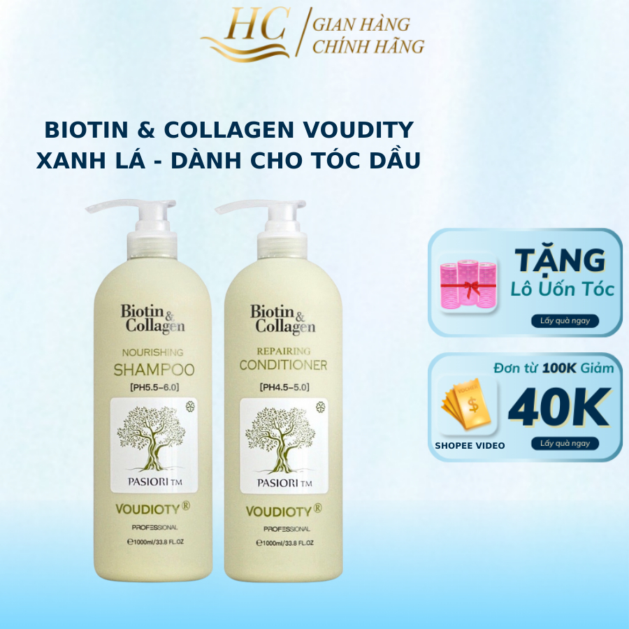 Cặp Dầu Gội Biotin Collagen Voudioty HC Xanh Lá 500ml- 1000ml Kiềm Dầu Phục Hồi Tóc Hư Tổn 2021