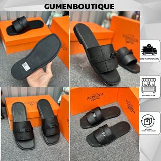 Dép Lê Nam HM Đen Quai Ngang Dập Vân Phối Dây Khóa Cài - Dép Lê Nam HM Quai Ngang Hàng Full Box