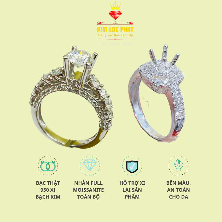 Nhẫn full Moissanite kiểu màu trắng, Nhẫn bạc nữ xi bạch kim, Nhẫn kim cương moissanite, Nhẫn moissanite màu xanh