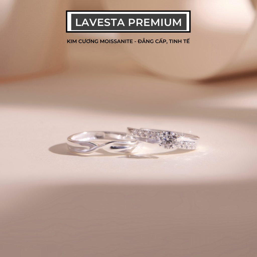 Nhẫn đôi bạc nam nữ kim cương Moissanite kiểm định GRA KC76 LAVESTA Finding true love