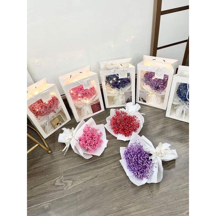 Túi giấy mặt kính mika đựng hoa tươi, hoa sáp, gấu bông kích thước 35 x 24 x 14 cm