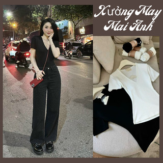 Áo Cotton Nữ Cổ V Ngắn Tay Áo Kiểu Thiết Kế Ôm Eo Trơn Basic
