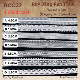 Ruy băng ren thun màu trắng kem bản từ 1.8cm đến 4.5cm. rc027