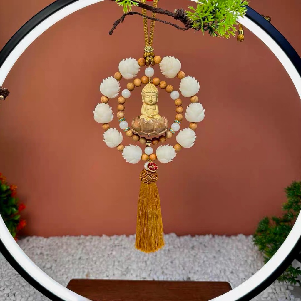 Khánh Phật Thích Ca Gỗ Hoàng Dương-Khánh 10 Bông Liên Hoa Ô TÔ Trang Trí Gương Xe Hơi[Giá Sốc]