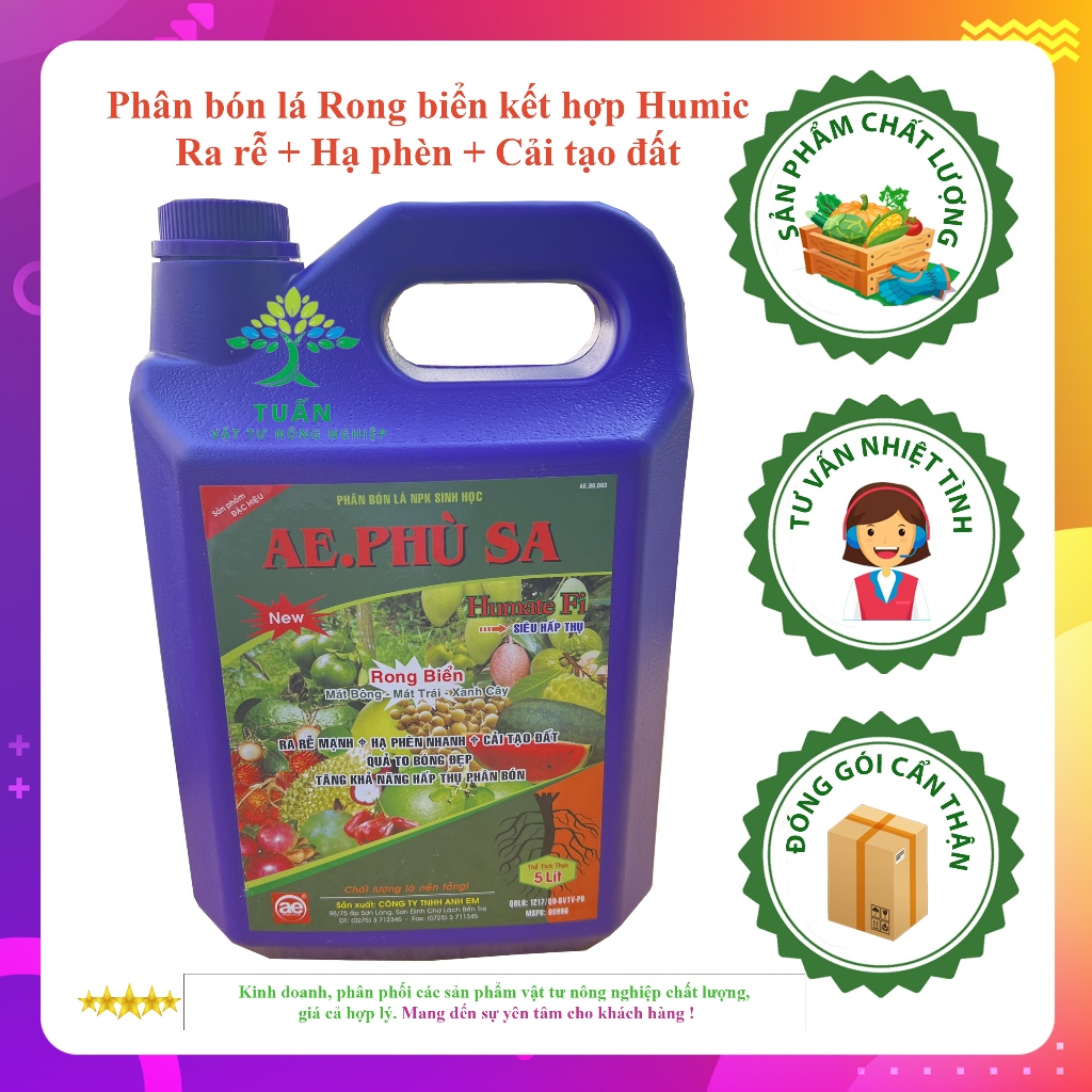 Phân bón hữu cơ AE Phù Sa Anh Em  rong biển bổ sung Humic giúp ra rễ, hạ phèn, cải tạo đất ( Can 5L