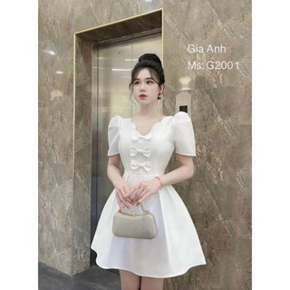 Đầm thời trang nữ mặc đi dự tiệc chất tapta cổ chữ V tay búp phồng váy xoè dài trên gối có 3 màu như hình
