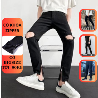 Quần Jean Nam Rách Gối Kèm zip ống chân,Quần Bò Đen Nam Trơn Phối Thêu Khoá Ống, khóa gối có BIGSIZE