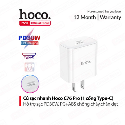 Củ sạc nhanh Hoco C76 Pro PD30W 1 cổng Type-C , nhỏ gọn tiện lợi , tương thích nhiều thiết bị, chân dẹt