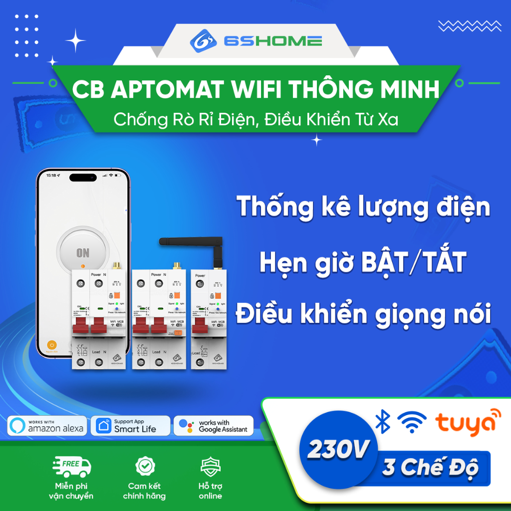 CB Aptomat Wifi Thông Minh, Cầu Dao Thông Minh 6SHOME, Chống Dòng Rò Chống Giật 63A  Điều khiển Wifi Qua Điện Thoại