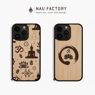 Ốp lưng iPhone gỗ Maple khắc laser tô màu thủ công 11/12/13/14/15 Pro Max NAU FACTORY – Biểu tượng Phật giáo