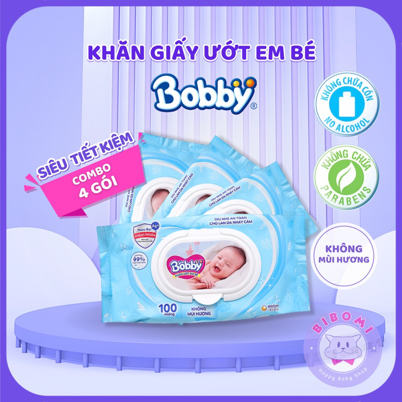 Combo 4 gói khăn giấy ướt màu xanh không mùi Bobby trẻ em 100 tờ