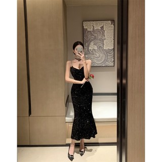 Đầm dạ hội đen đính sequin ánh sáng sang trọng Pháp Đầm nữ mùa thu nhung đuôi cá tính chỉ có tại LUXIEU GARDEN🌸