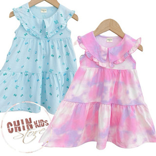 Váy đầm bé gái VNXK xòe 3 tầng đuôi cá rộng thun cotton co giãn mùa hè sát nách cổ sen lớn mặc đi học chơi biển đi ngủ