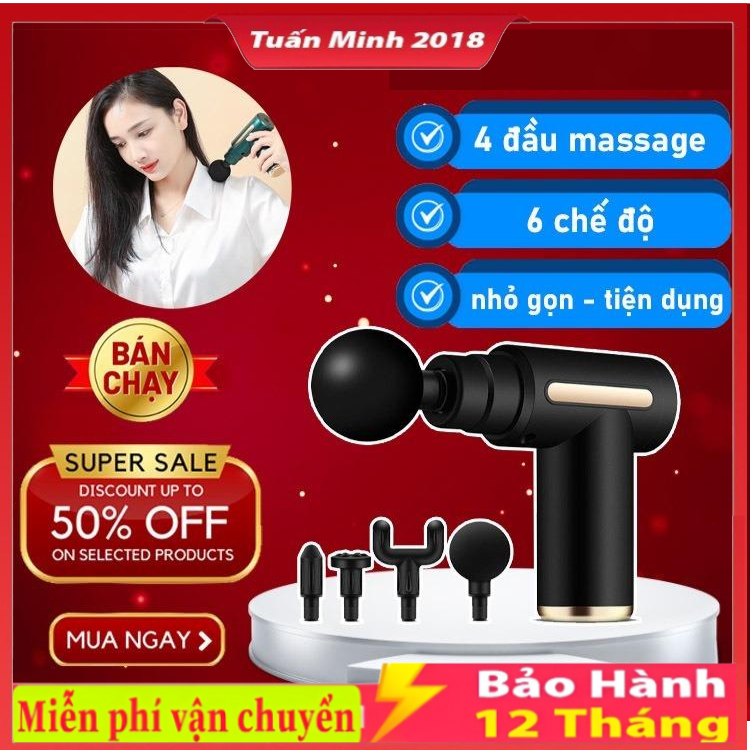 Máy massage cầm tay mini,Súng đấm lưng mát xa trị liệu cổ vai gáy 4 đầu 6 chế độ