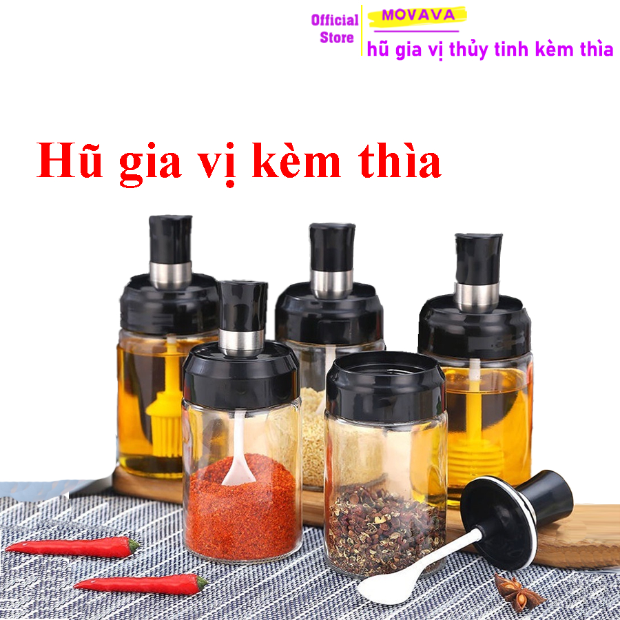 Lọ gia vị có kèm thìa muỗng bằng thủy tinh chống ẩm ướt thông minh - Movava