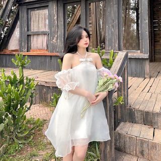 Đầm cổ yếm hở vai tay bồng cổ nơ đính đá, váy hở vai dáng xòe chất voan tơ cưng xỉu siêu bồng bềnh - GUU-1989