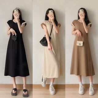 Váy Thun Cổ Viền Cộc Tay Dáng Suông Dài Chạy Viền Nhẹ Nhàng Basic Mùa Xuân Hè Phong Cách Dịu Dàng - GUU-1989