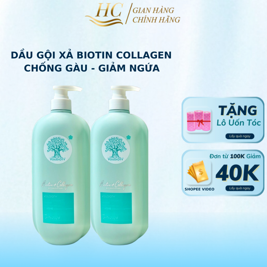 Cặp Dầu Gội Biotin Collagen Voudioty HC Xanh Dương 500ml-1000ml Ngăn Gàu Phục Hồi Tóc Khô Xơ Hư Tổn 2024