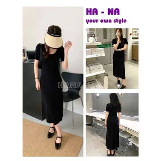 Váy Thun Dáng Dài Cổ Vuông Cực Tôn Dáng Dạo Phố Cực Xinh, Đầm Suông Đen Nữ Tính Thời Trang Hàn Quốc - HANA