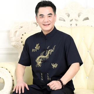 Bộ hè nam trung niên thêu rồng phượng sum vầy tặng bố tặng ông chất mỏng mát 2024