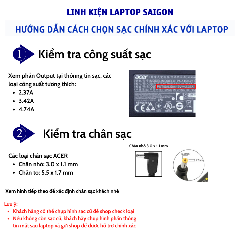 Sạc Laptop Acer ZIN 2.37A 3.42A Đầu nhỏ 3.0 x 1.1mm Sạc máy tính Acer Sạc Acer 19V 2.37A 3.42A bảo hành 12 tháng