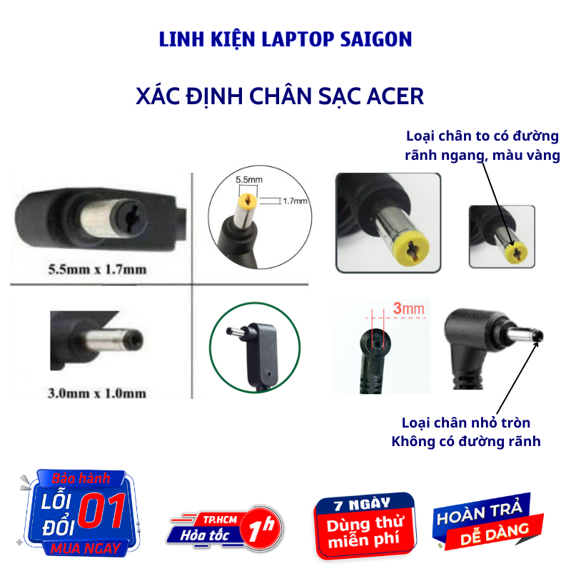 Sạc Laptop Acer ZIN 2.37A 3.42A Đầu nhỏ 3.0 x 1.1mm Sạc máy tính Acer Sạc Acer 19V 2.37A 3.42A bảo hành 12 tháng