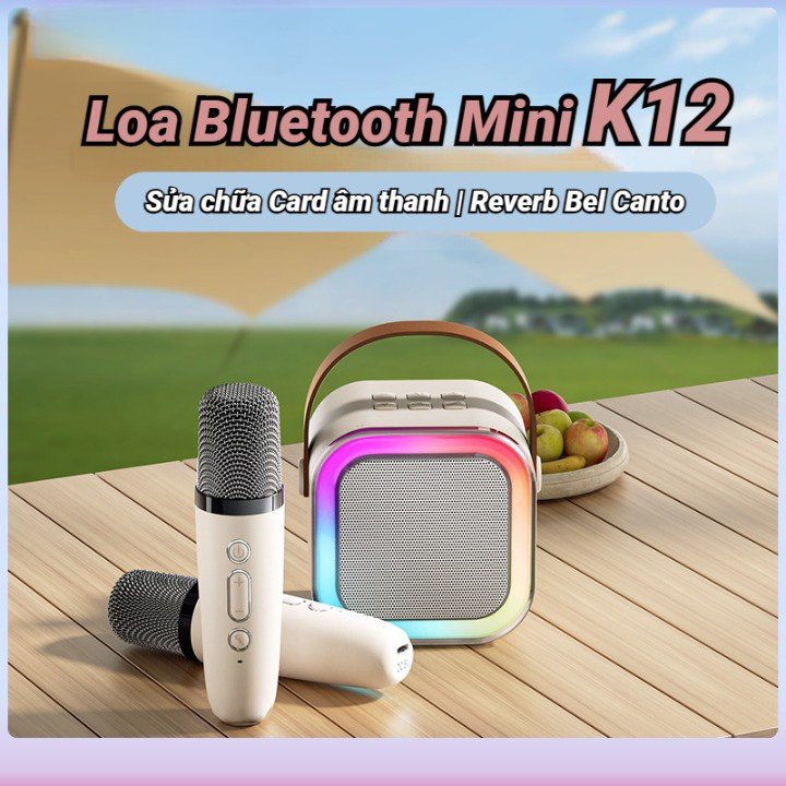 Bộ Loa Bluetooth Tặng Kèm 2 Mic Không Dây Mini Hát Karaoke K12, Có Thể Thay Đổi Giọng Nói, Âm Thanh Hay Bass Cực Chuẩn