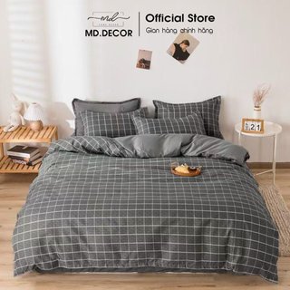 Bộ chăn ga gối coton poly MD.Decor họa tiết caro xám đủ size miễn phí bo chun
