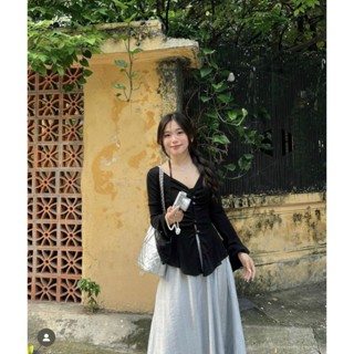 (Có BigSize) Set Áo Thun Gân Đen Tay Loe Và Chân Váy Xòe Xám Nhạt CA084