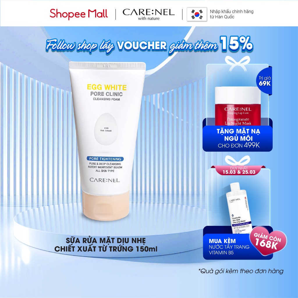 Sữa rửa mặt trứng tạo bọt rửa mặt dưỡng ẩm srm CARE:NEL EGG WHITE PORE CLINIC CLEANSING FOAM 150ml