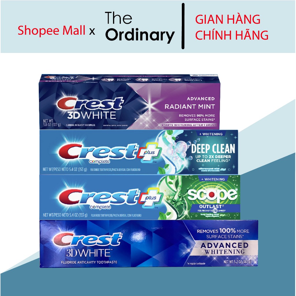 Kem Đánh Trắng Răng Crest 3D White Radiant Mint / Deep Clean/ Pro Health Advanced /Advanced Whitenin