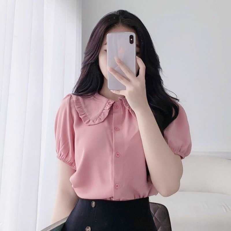 Áo sơ mi nữ Bassic cộc tay Gloria Shop, Áo kiểu nữ cổ bèo  thời trang chất Lụa hàn cao cấp - màu hồn