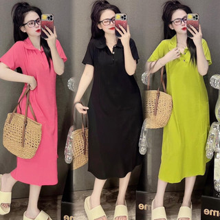 Đầm suông cổ bẻ tăm lạnh dáng dài form rộng đầm maxi thun basic