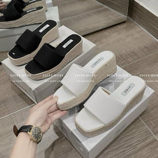 Dép xuồng quai vải viền cói mũi vuông cao 6 phân dễ phối đồ(D0080)