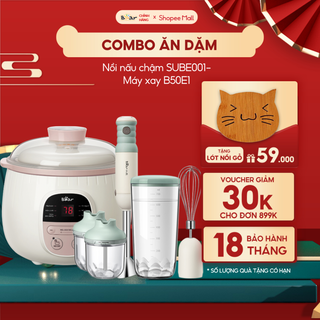 Combo Nồi Nấu Chậm 0,8L Bear SUBE001 và Máy Xay 5 Món B50E1 Đa Năng Nấu Cháo Chưng Yến Xay Đồ Ăn Dặm Tiết Kiệm Thời Gian