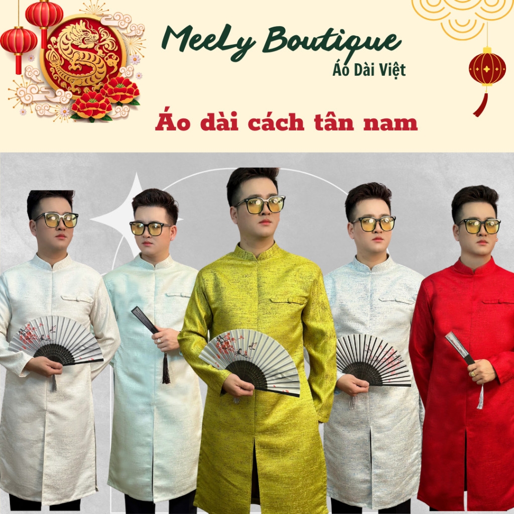 Áo Dài Cách Tân Nam Chất Liệu Gấm Xồi - Dáng xẻ thân , nơ ngực điểm nhấn - Áo truyền thống