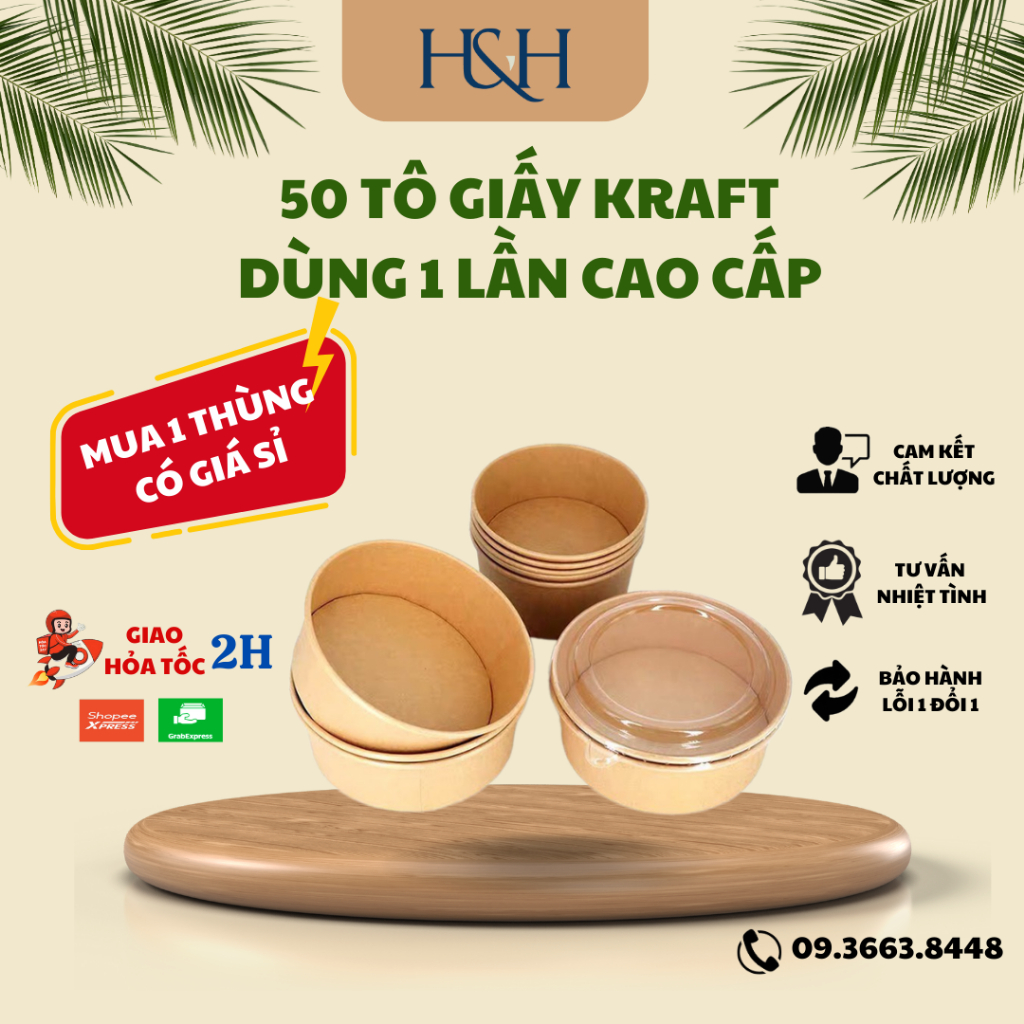 (SỈ - LẺ) 50 Tô Giấy Kraft 750ml/1000ml Đựng Thực Phẩm Kèm Nắp Cao Cấp, Dùng Cho Món Phở, Bún
