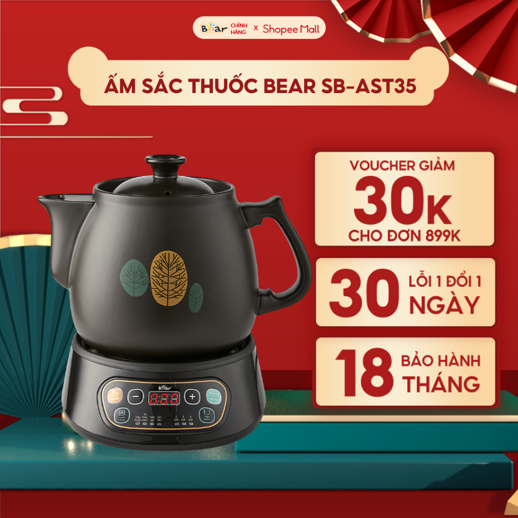 Ấm Sắc Thuốc Bear 3,5L Bằng Điện Đế Rời Giữ Ấm Hẹn Giờ Tiết Kiệm Thời Gian Làm Bằng Đất Sét Và Gốm Sứ Cao Cấp SB-AST35